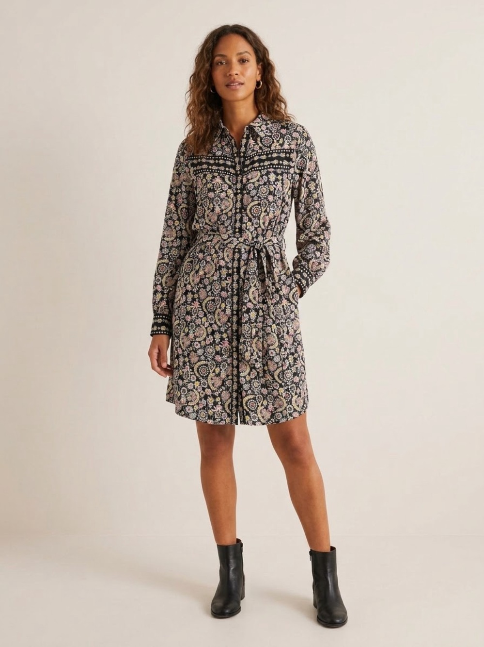 Boden Floral Paisley Shirt Dress Belted Long Sleeve US 12R UK 16R